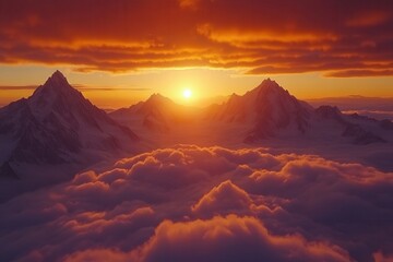 Mountain sunset view with clouds and peaks