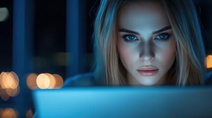 businesswoman Working Laptop Businesswoman intently looking at her laptop screen, holding a pen, surrounded by work documents in a sleek office.