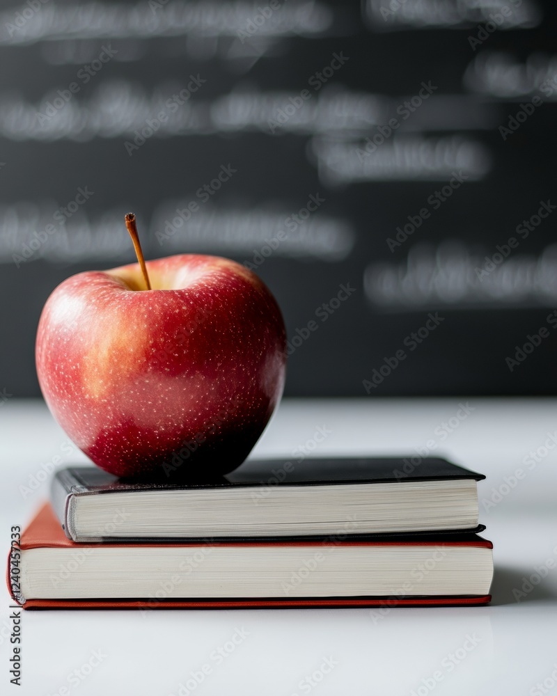 Poster minimalist educational display apple on notebooks against blackboard - modern classroom content and 