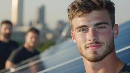 Energy stock growth Group of workers installing solar panels on a rooftop, urban setting, symbolizes the growth of the green energy sector