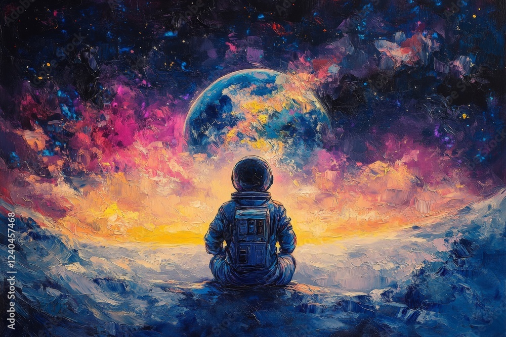 Aufkleber astronaut gazing at a vibrant celestial landscape with the earth visible in the distance during twil