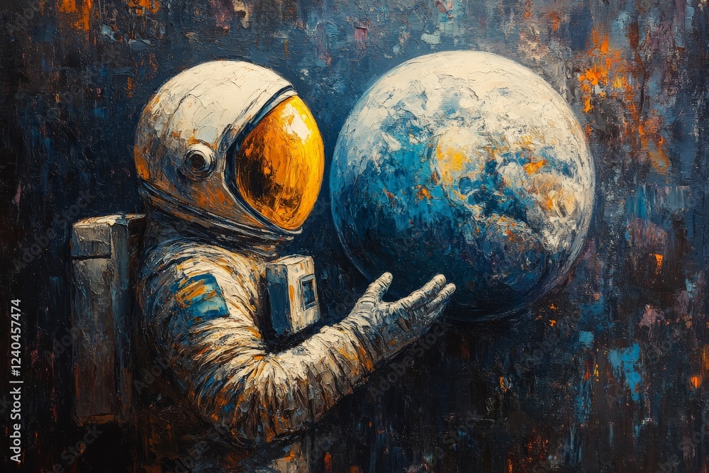 Aufkleber astronaut holding a detailed representation of earth surrounded by a colorful cosmic background and 