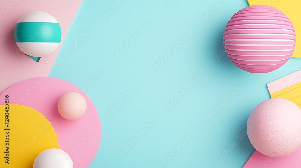 Poster colorful geometric shapes and spheres on a pastel background creating a playful and vibrant composit