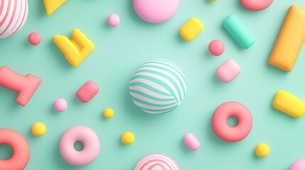 Fototapeta premium Colorful Geometric Shapes and Soft Balls in Vibrant Pastel Colors on a Light Green Background