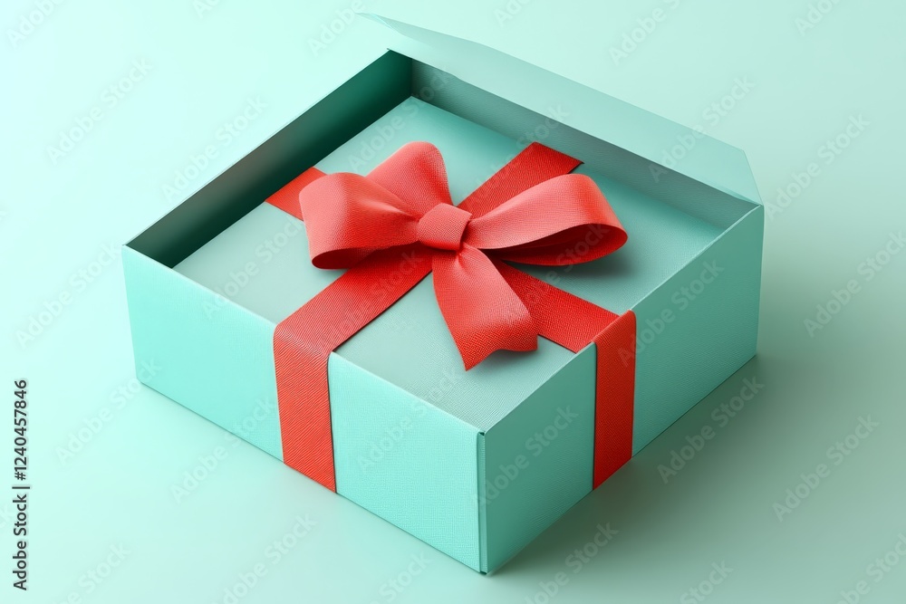 Poster gift box adorned with red ribbon on a soft blue background in a minimalistic setting