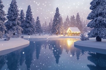 Fototapeta premium A serene winter wonderland with snow-covered pixelated trees, a frozen lake reflecting the soft glow of a nearby cabin, and snowflakes gently falling from the sky.