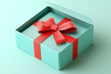 Obraz premium Gift box adorned with red ribbon on a soft blue background in a minimalistic setting
