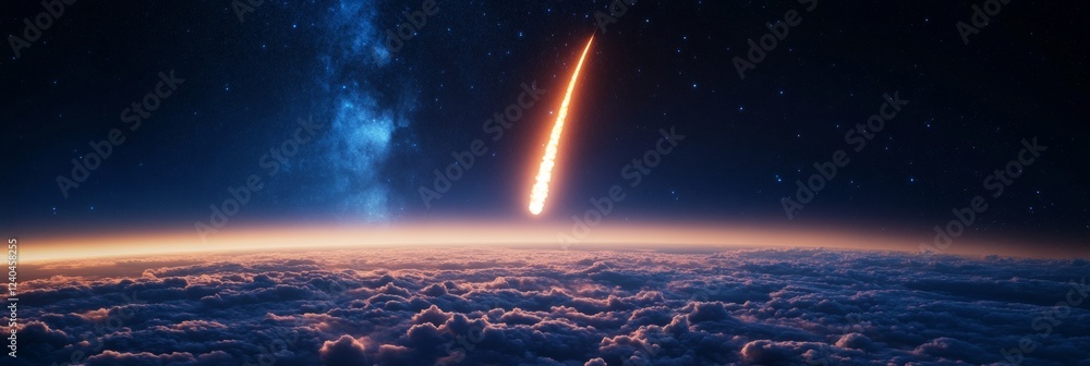 Poster celestial rocket launch dynamic flame trail with starry night over horizon clouds - space tech conte