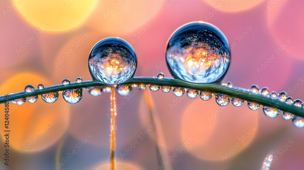 Poster Macro Photography of Dew Drops on Grass Blades Reflecting Sunset