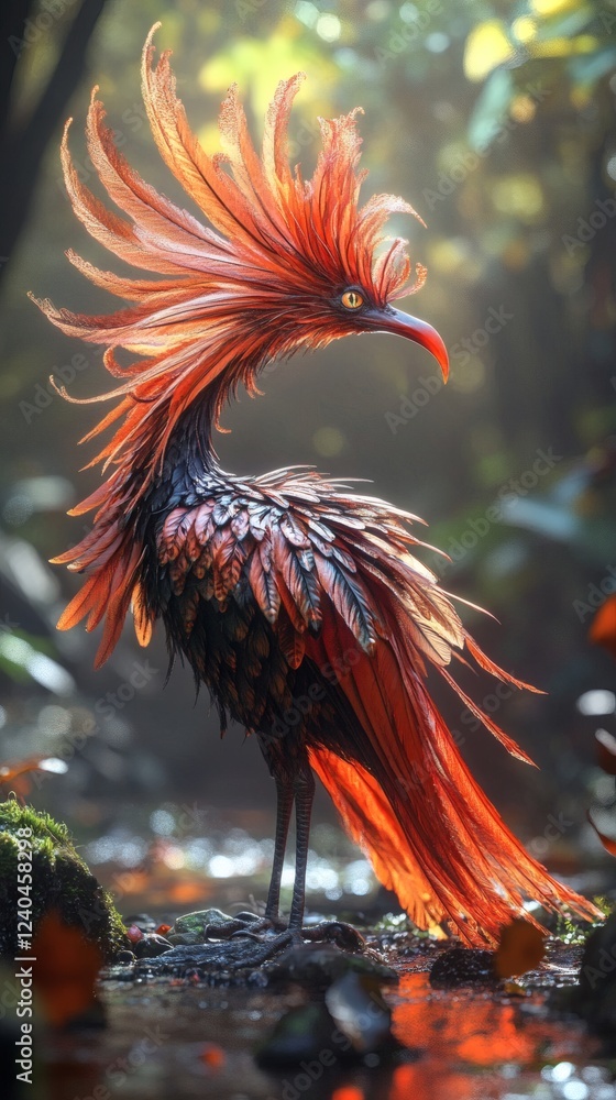 Poster whimsical surreal 3d image of a rare bird with wild feathers in a mysterious forest the bird feature