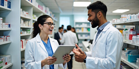 Fototapeta premium Black male and caucasian female pharmacists use tablet to discuss medicine and health products