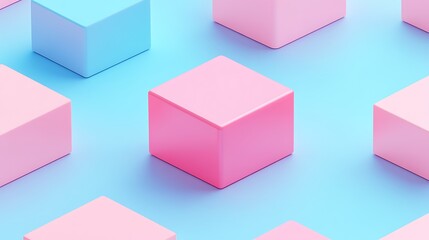 Obraz premium Colorful geometric shapes in pastel hues on a blue gradient background creating a modern visual aesthetic