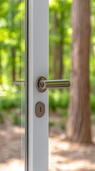 Sunlight floods the interior space as vibrant green trees and city skyscrapers are visible through a large window