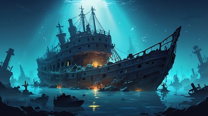 A sunken ship graveyard with glowing spirits.
