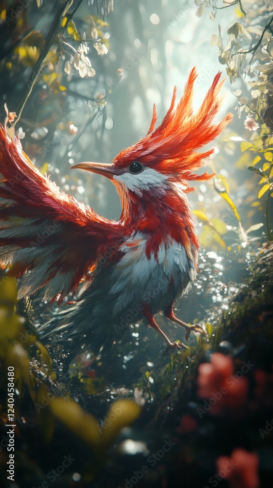 Poster whimsical surreal 3d image of a rare bird with wild feathers in a mysterious forest the bird feature