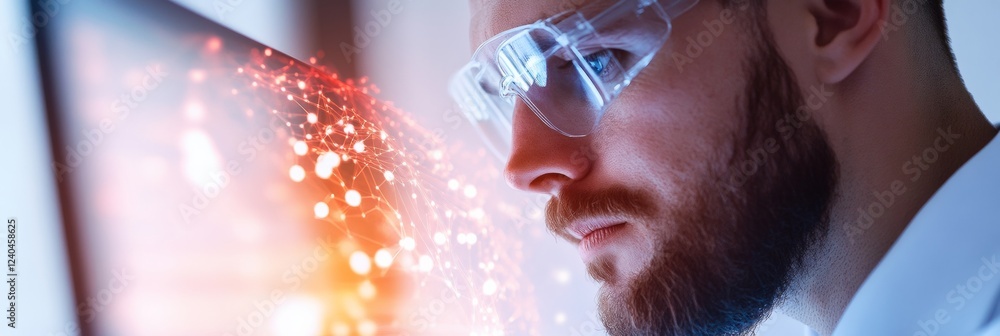 Poster Futuristic Scientific Analysis Interactive Digital Interface with Abstract Data Visualization - High-Tech Laboratory Equipment and Innovative Research Solutions for Advanced Sciences