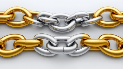 Fototapeta premium Gold and Silver Chain Links Intertwined, 3D Render of Connection and Contrast
