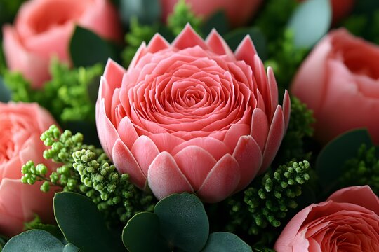 Blooming Pink Protea Bouquet with Lush Greenery for Floral Arrangements and Designs