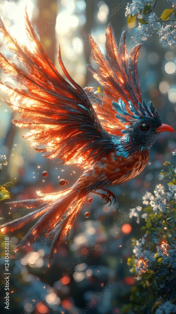Poster whimsical surreal 3d image of a rare bird with wild feathers in a mysterious forest the bird feature