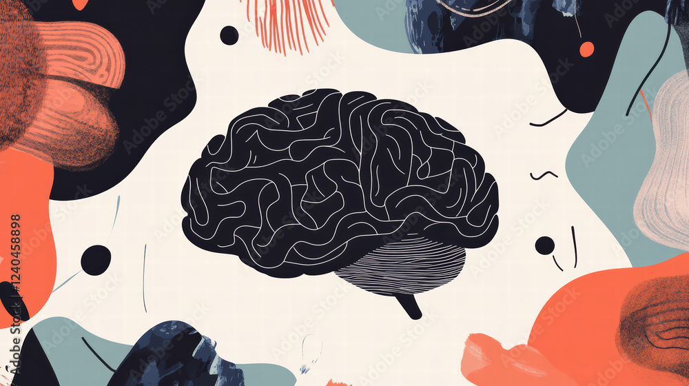 Poster brain surrounded by abstract patterns symbolizing creativity and thought. vibrant colors and shapes 