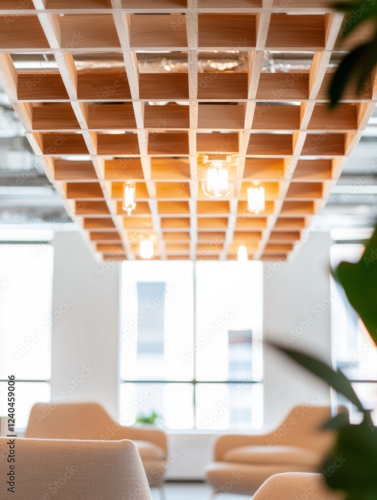 Poster Contemporary Office Lounge Vibes Wooden Grid Ceiling and Soft Seating for Millennial Networking Spaces - Business Innovation and Collaborative Workplace Design