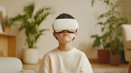 Emotional VR Experience Asian Boy with Sleek Headset on Cozy Floor - Immersive Tech Content and Digital Marketing for Gaming and Interactive Learning