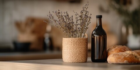 Fototapeta premium Rustic Culinary Aesthetic Artisan Bread and Wicker Elements in Professional Kitchen - Heritage Baking Tools for Modern Culinary Branding and Home Lifestyle Content