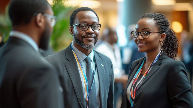 Delegates networking in a lobby during the African Union Summit, exchanging documents and ideas in a professional environment.