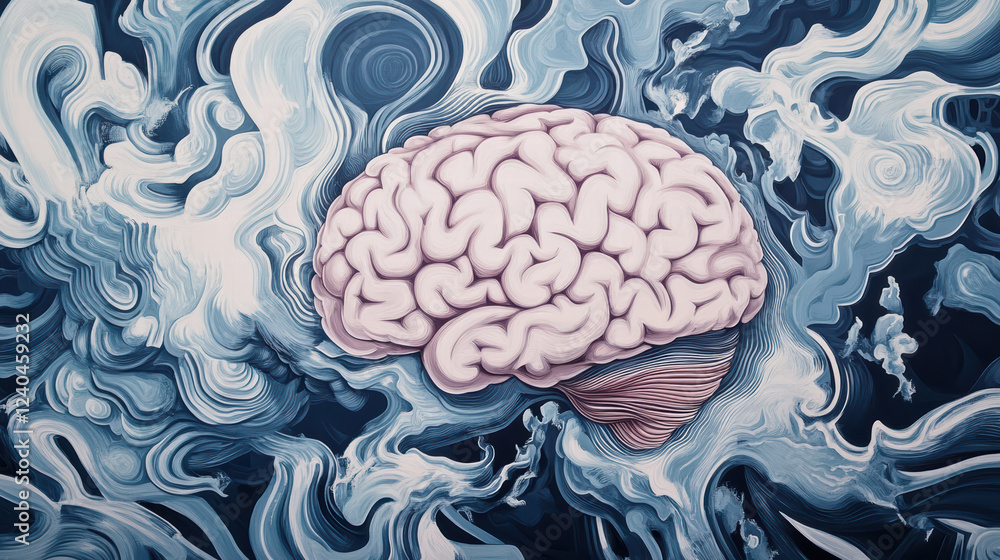 Poster brain surrounded by abstract waves, symbolizing thought and creativity, with intricate patterns and 