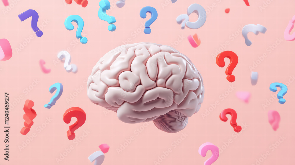Poster brain surrounded by colorful floating question marks symbolizes curiosity and inquiry. this evokes s