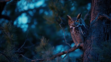 Fototapeta premium Great horned owl perched on a tree branch at dusk, its piercing eyes glowing.