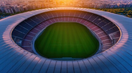 Obraz premium Stadium Aerial View Bird eye view of an iconic stadium, showing the open roof, seating arrangements, and a glimpse of the cityscape in the distance.
