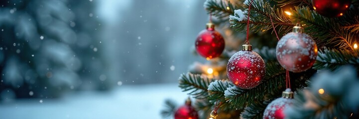 A fir tree with red and white ornaments in the snowy winter, Christmas decorations, snowy scene, festive lights