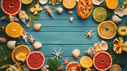 Summer Citrus Fruits Seashells Tropical Beach Wood Background
