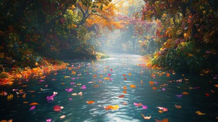 A serene river running through a dense, colorful autumn forest, with leaves floating on the watera??s surface.