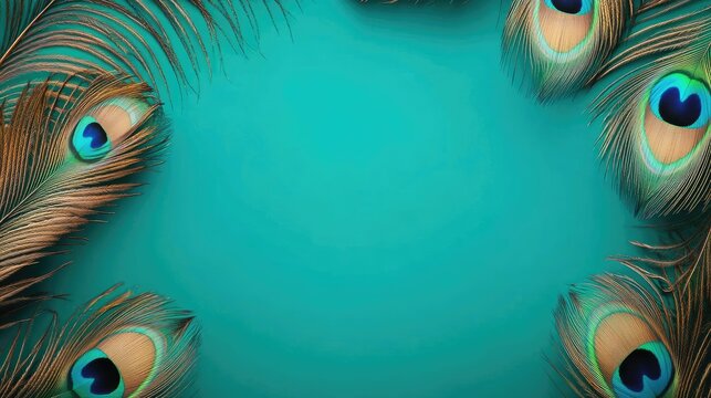 Intricate peacock feather frame isolated on a vibrant turquoise green background with blank space in the middle.