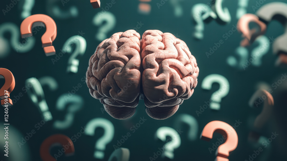Poster brain surrounded by floating question marks symbolizes curiosity and inquiry. this evokes sense of e