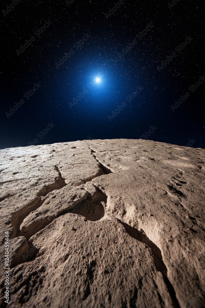 Poster Cosmic Iconography Textured Lunar Surface with Footprint and Starry Sky - Historical Space Exploration Graphics for EdTech and Sci-Fi Media Enhancement