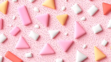 Obraz premium Colorful Geometric Shapes on Pink Surface with Sprinkles and Bright Peach, Yellow, Red, White, and Pink Tones