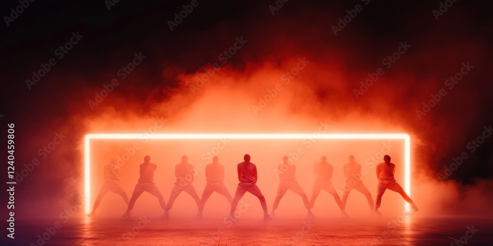 Poster dynamic stage lighting synchronized dance ensemble in neon glow for modern entertainment promotion a