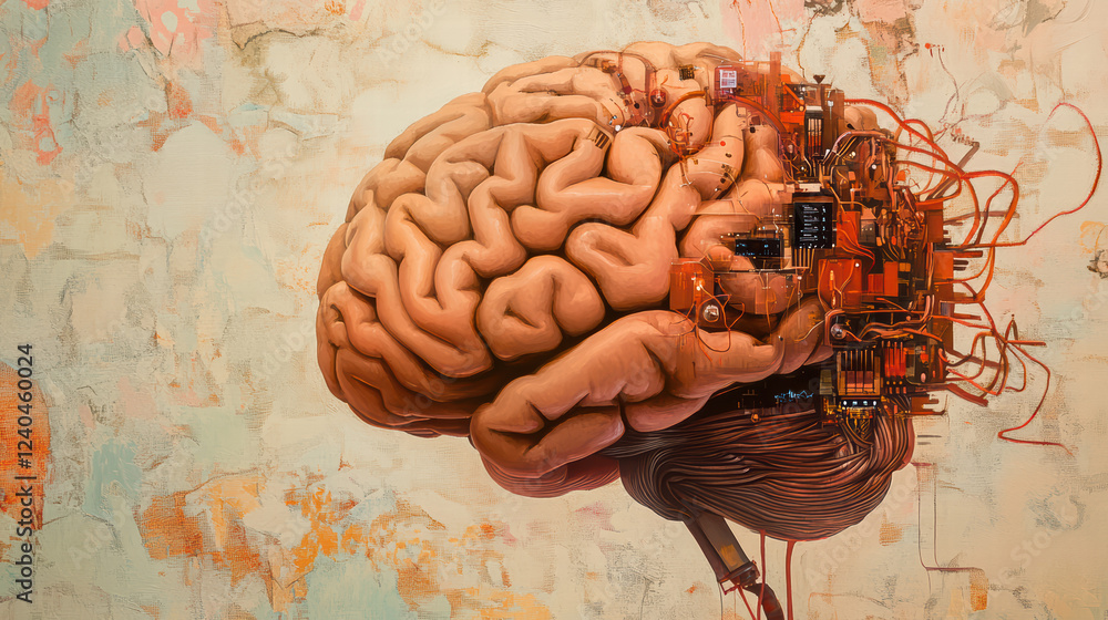 Poster brain with digital interface, symbolizing fusion of technology and human cognition, showcasing intri