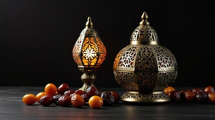 Muslim lamp, dates and prayer beads on table background.
