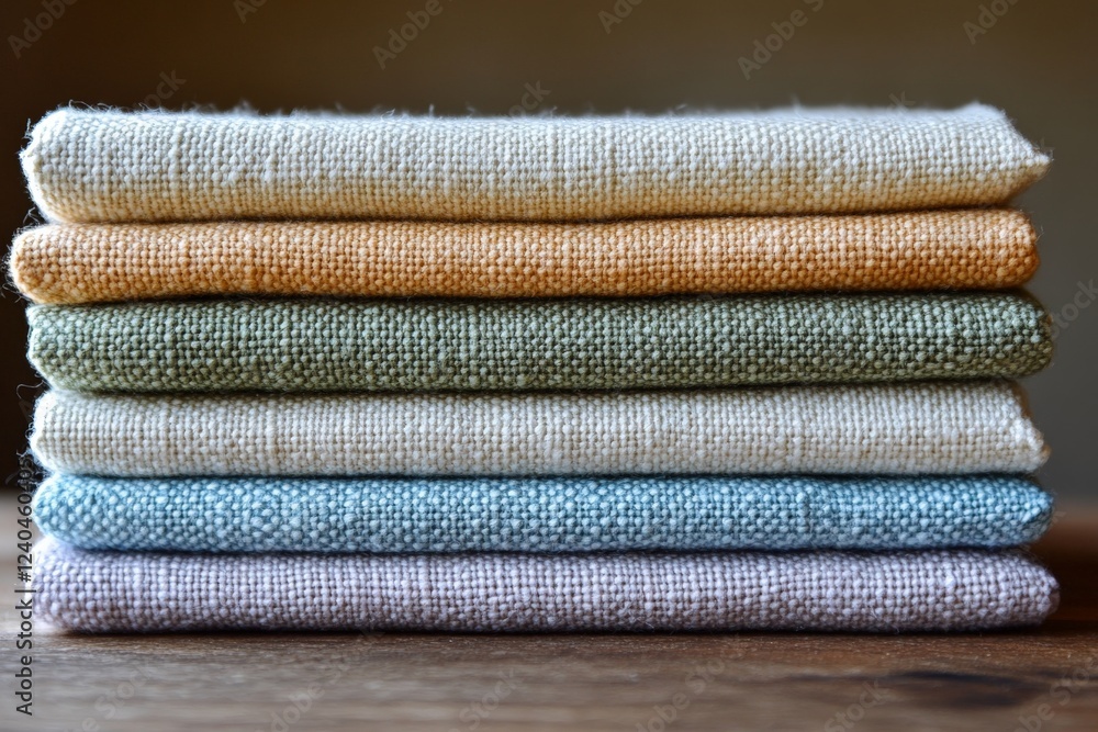 Poster soft textiles stacked in a harmonious arrangement showcasing various colors and textures in natural 