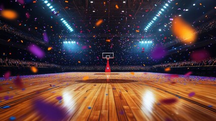 Large basketball court under stadium lights, vibrant confetti falling gracefully, reflecting on the wooden floor in the empty arena
