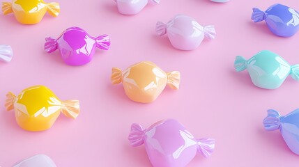Fototapeta premium Colorful Glossy Candy Wrappers on Pink Background for Sweet Treats and Desserts Market Display and Promotion