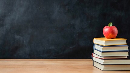 Red Apple on Stack of Books Against Blackboard