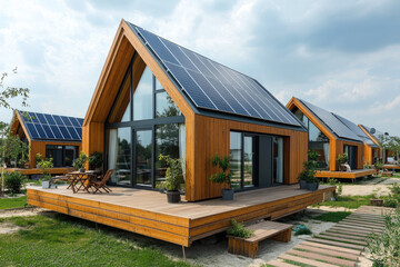 Obraz premium Modern eco-friendly urban complexes, modular smart houses with solar panels and greenery on the houses.