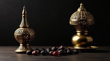 Muslim lamp, dates and prayer beads on table background.