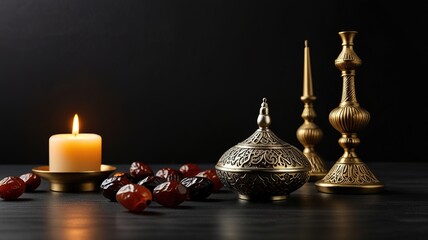 Muslim lamp, dates and prayer beads on table background.