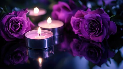Lit candles casting soft shadows on purple roses placed on a dark mirrored table, symbolizing eternal remembrance